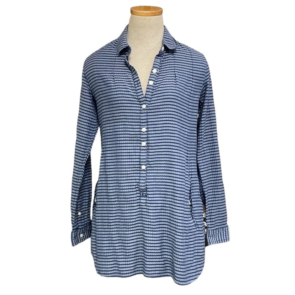 Toad & Co Blouse Buttons Shirt Tunic Pockets Organic Blue Stripes Size XS